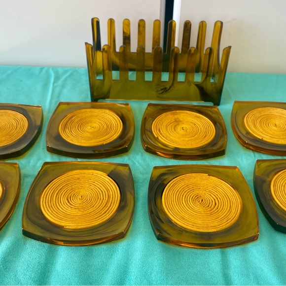 Vintage Amber Smoke Acrylic Yellow Rafia Coaster Set of 8 - Picture 7 of 7